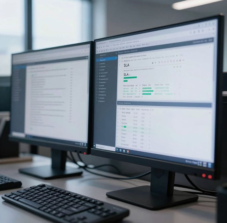 Macro shot of a dual-monitor workstation displaying complex SQL databases and SLA tracking dashboards, cool office daylight, slate gray tones, sharp focus