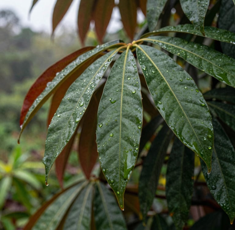 Close-up of endemic Madagascan plant leaves with rich forest green tones and rain droplets, shallow depth of field, natural overcast daylight, 35mm