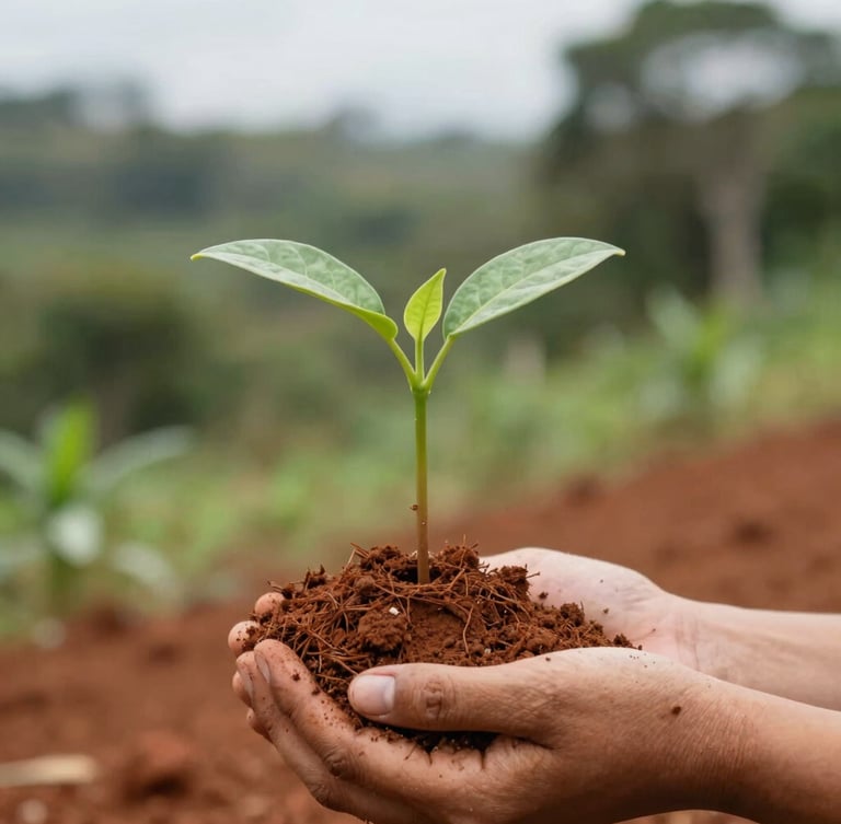 Close-up of a young endemic Madagascan seedling planted in rich red clay soil, held by local agricultural hands, soft overcast daylight, shallow depth of field, 35mm.