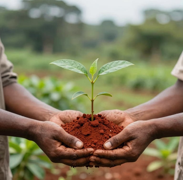 Hands of local agricultural staff handling rich red Madagascan soil around a native seedling, soft overcast daylight, shallow depth of field, 35mm