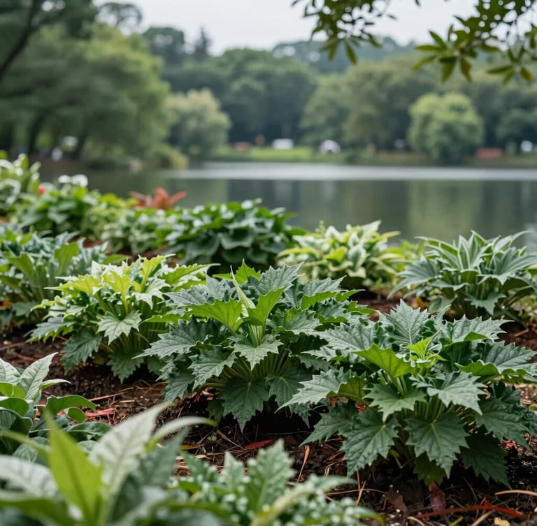 Eye-level medium shot of lush green nursery beds at Le Jardin du Lac under soft overcast daylight, rich forest green foliage, 35mm