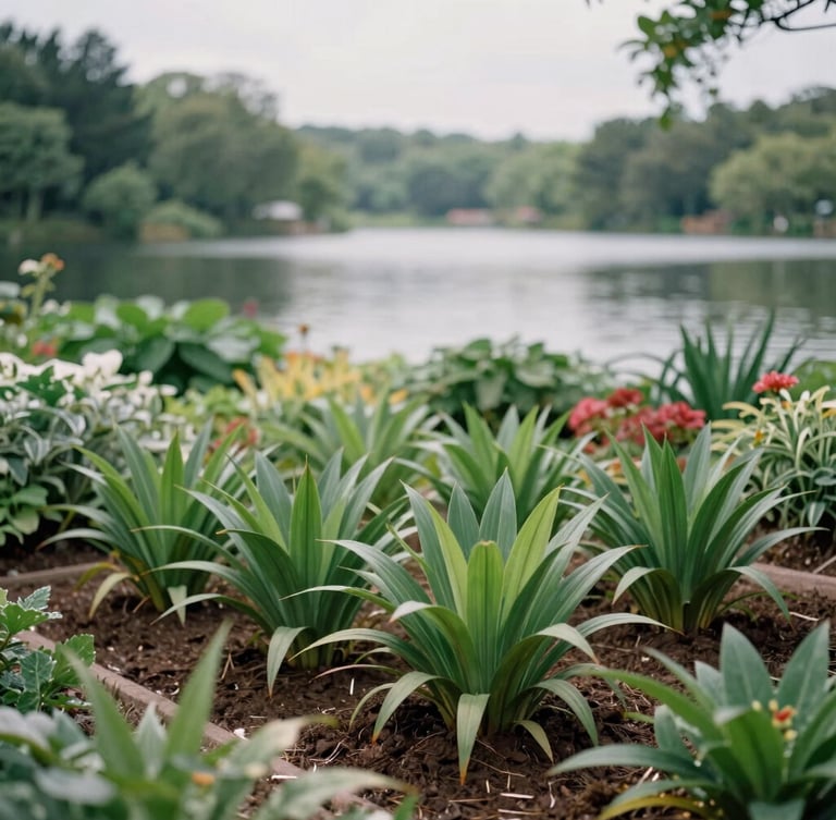 Eye-level medium shot of lush green nursery beds at Le Jardin du Lac under soft overcast daylight, with the calm lake water visible in the background, 35mm