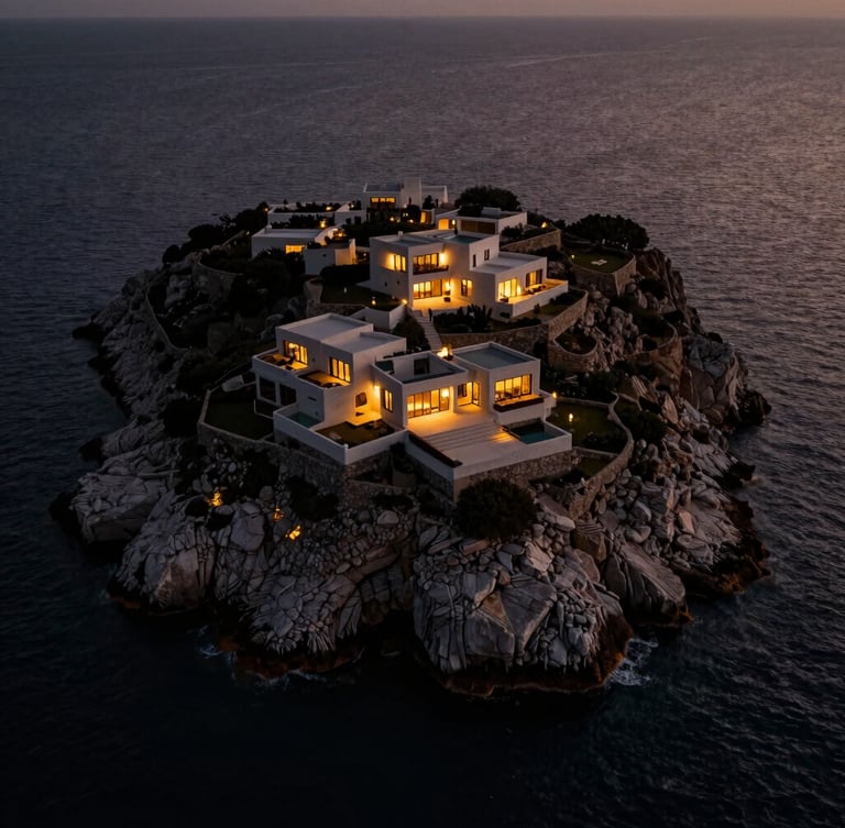 Aerial view of a secluded luxury resort on a rugged Greek peninsula, dramatic low-key dusk lighting with warm villa lights reflecting on dark Aegean water, cinematic composition, 35mm lens.
