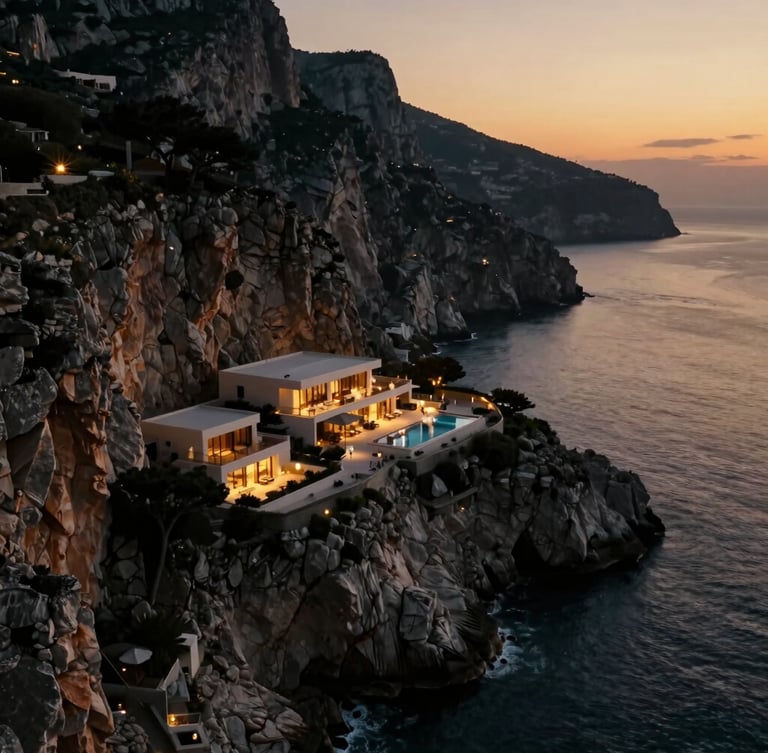 Aerial cinematic view of a secluded luxury resort on a rocky Mediterranean cliffside at dusk, soft golden lights reflecting in the sea, deep shadows, 35mm lens