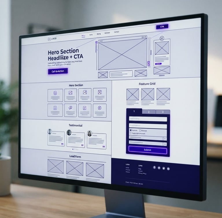High-fidelity abstract UI/UX wireframe on a clean screen, displaying a modern lead generation layout with deep indigo and electric purple accents, crisp studio lighting, 35mm