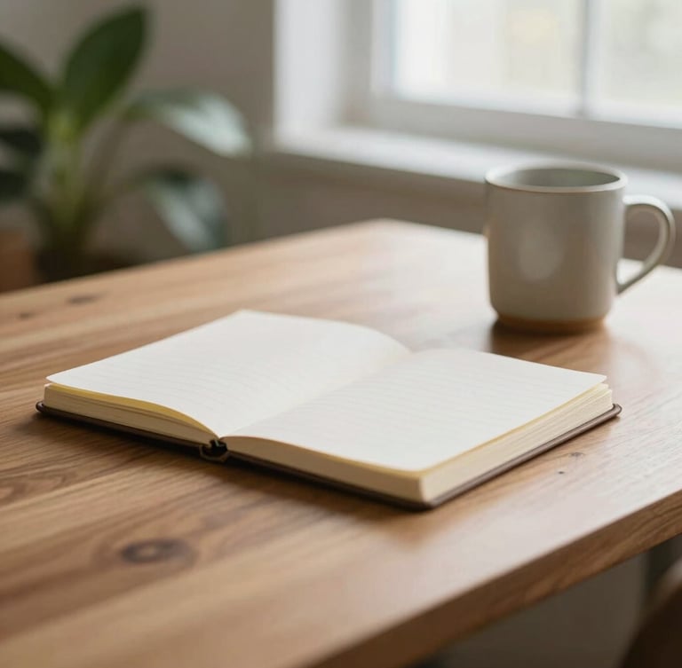Close-up of a warm wooden desk with a neat notebook and a ceramic mug, soft green leaves of a plant in the background, diffused natural window light, tranquil clinical environment.