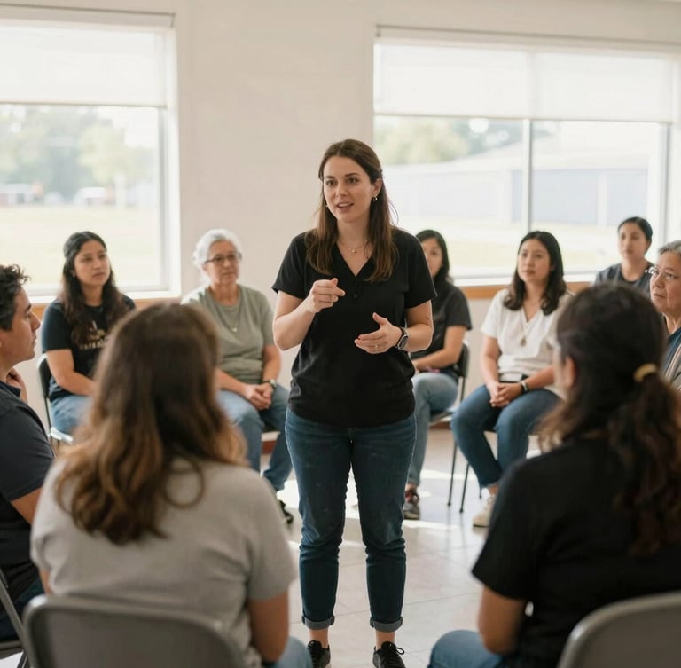 Medium shot of Tressa Pankovits speaking with local parents in a sunlit community center, candid and warm interaction, natural daylight, 35mm lens.