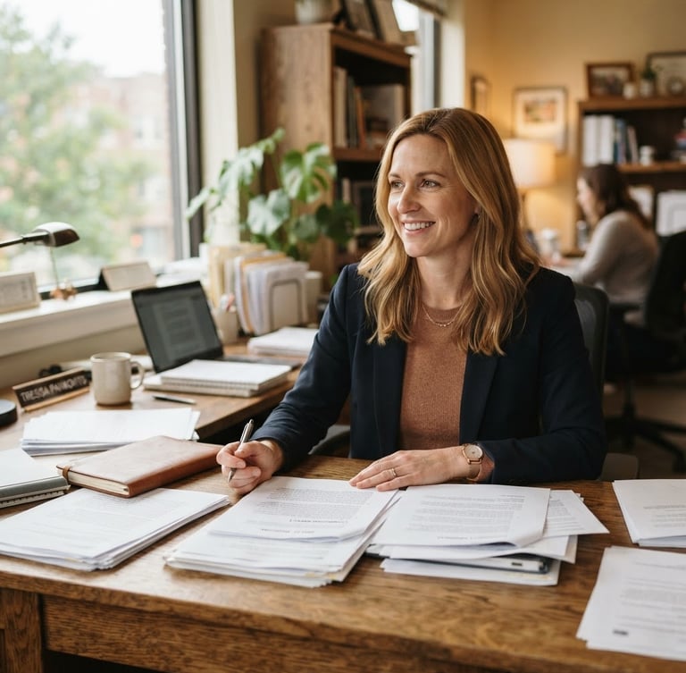 A professional, warm environmental portrait of Tressa Pankovits at a wooden desk with policy documents, natural daylight from a side window, soft realistic tones, 35mm lens