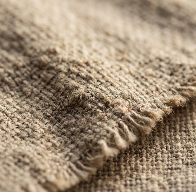 Tight macro shot of heavy-gauge oatmeal linen weave, deep soft shadows from low-angle afternoon window light, tactile raw edges