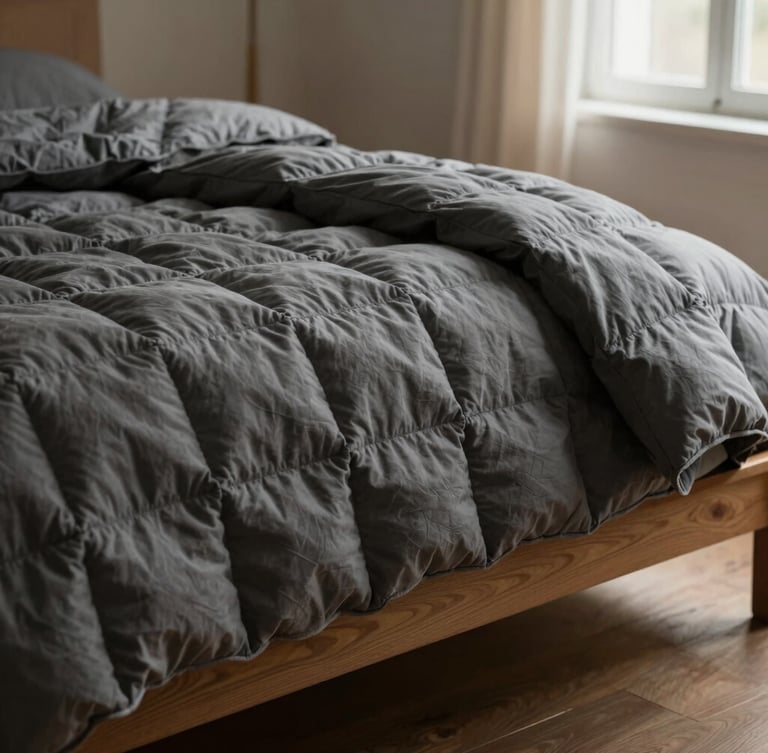 A heavy-gauge charcoal gray quilt draped over a low-slung oak bed, deep shadows emphasizing the thick quilted texture under soft afternoon window light.