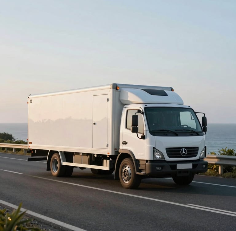 Wide cinematic shot of a clean, unmarked white transport rig driving along a quiet scenic coastal highway under soft morning light.