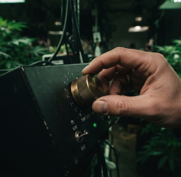 Tight macro shot of hands adjusting a heavy-gauge brass dial on a matte black growing control panel, soft green ambient lighting, moody shadows, 50mm