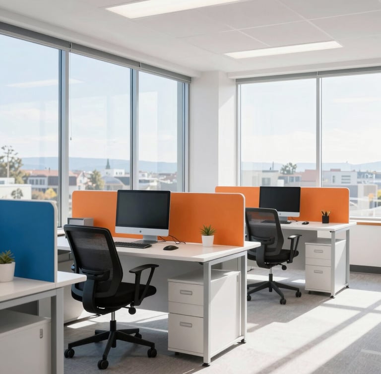 A bright high-key commercial photograph of a modern clean office environment in Idaho, soft daylight streaming through large windows, professional workspace, sharp focus, 35mm