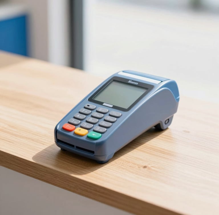 A bright modern payment terminal on a clean wooden counter, high-key natural daylight, sharp focus, 35mm