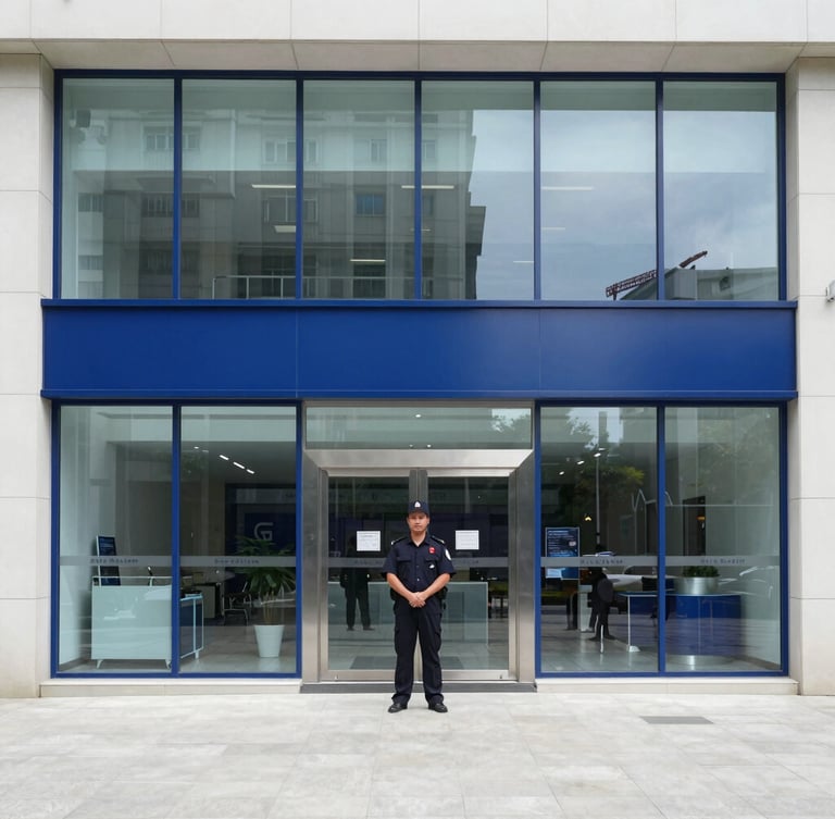 Wide shot of a modern bank lobby with a large glass facade, a security guard in the foreground, bright neutral daylight, deep blue and white tones, sharp focus, 35mm lens.