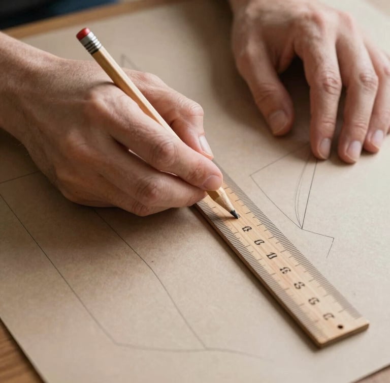 Close-up of hands using a wooden ruler and pencil to draft a sleeve pattern on heavy brown drafting paper, soft diffused side light.
