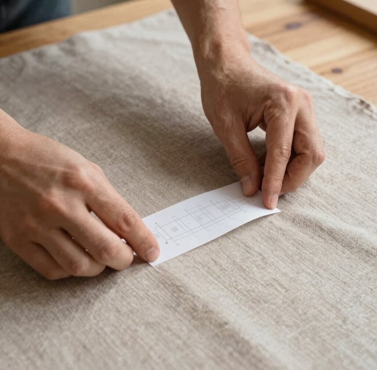 Extreme close-up of hands pinning a custom paper pattern onto a heavy warm taupe linen fabric on a wooden worktable, diffused north-facing daylight.