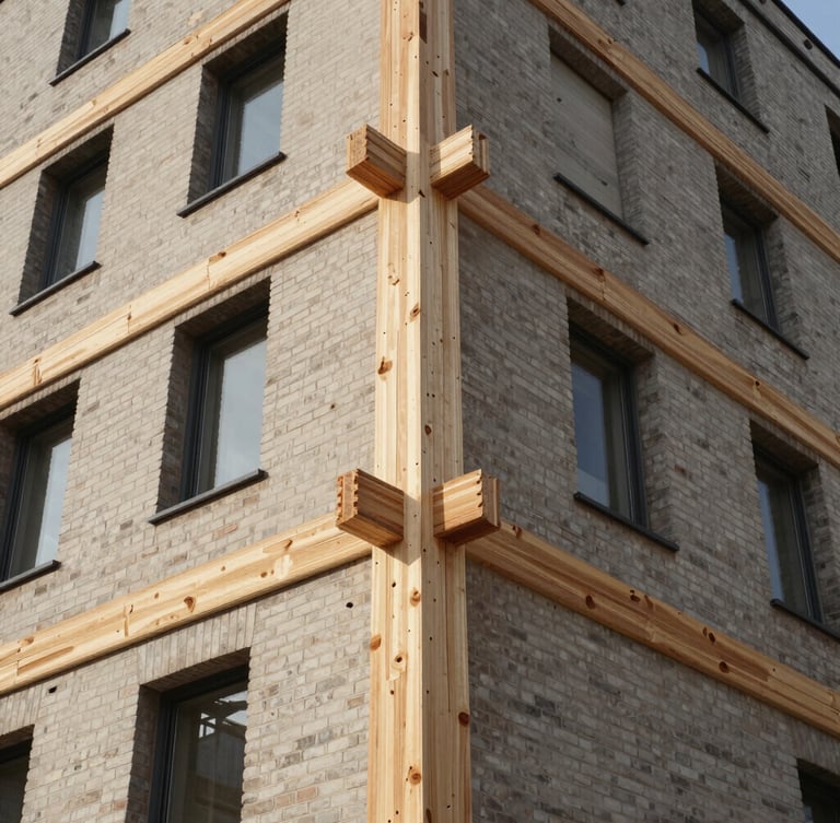 A tall vertical shot of sustainable mass timber joints and precision brickwork on a modern building facade under bright natural light.