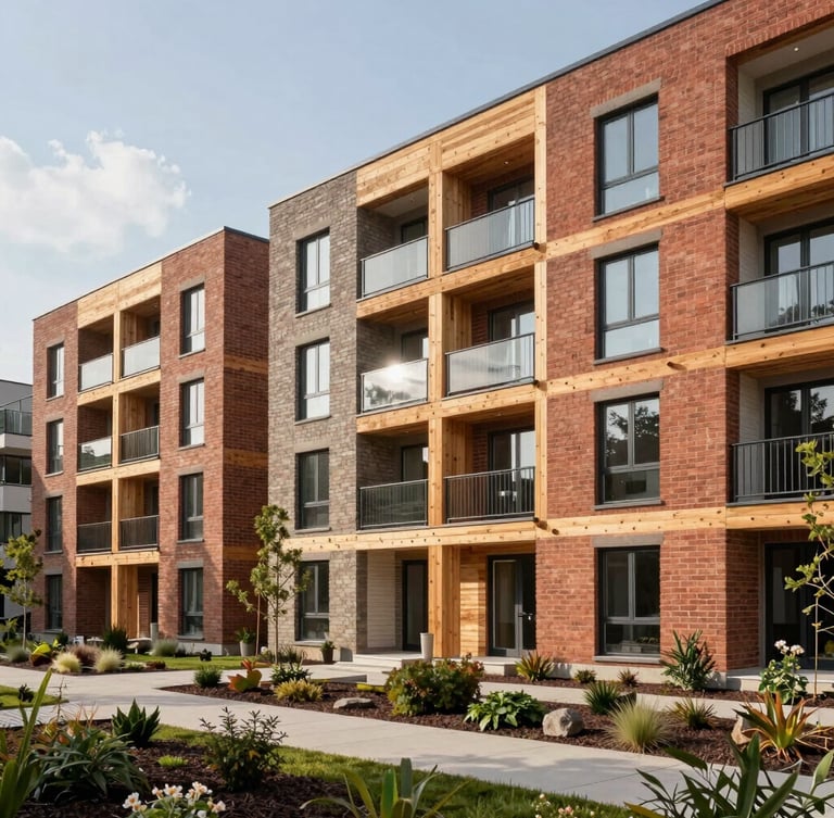 Wide-angle architectural photograph of a modern timber and brick multi-family residential building, bright natural daylight, clean structural lines, native landscaping.