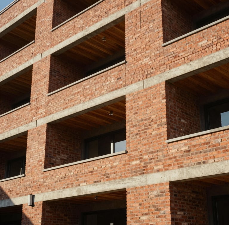 A close-up of sustainable modern brickwork and exposed timber beams of a multi-family building, warm natural daylight casting sharp architectural shadows.