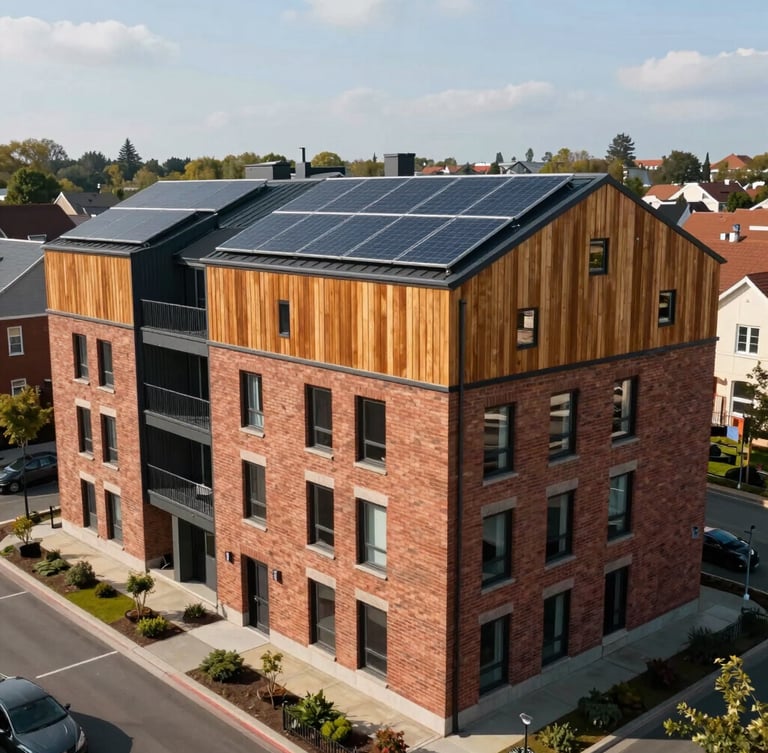 Wide environmental shot of a modern multi-family building with warm brick and timber accents, solar panels on the roof, bright natural daylight, neighborhood street visible in the background.