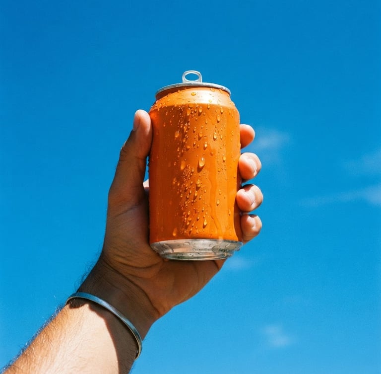 A striking low-angle portrait of a cold, condensation-dripping can of orange soda held high against a clear blue sky, direct harsh sunlight with sharp shadows.