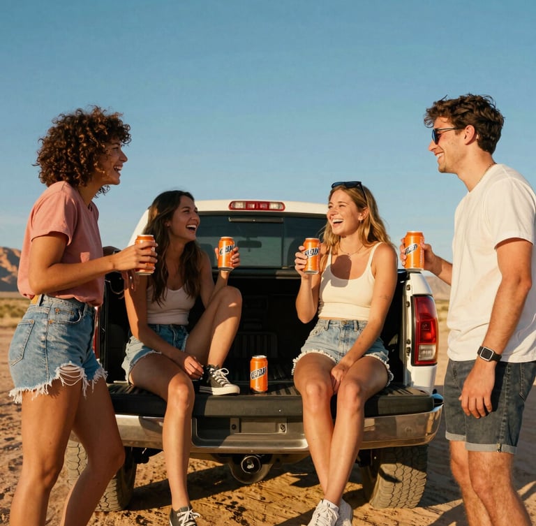 Low-angle lifestyle shot of friends laughing around a pickup truck tailgate in the Utah desert at golden hour, holding vibrant orange cans of soda, direct warm sunlight.