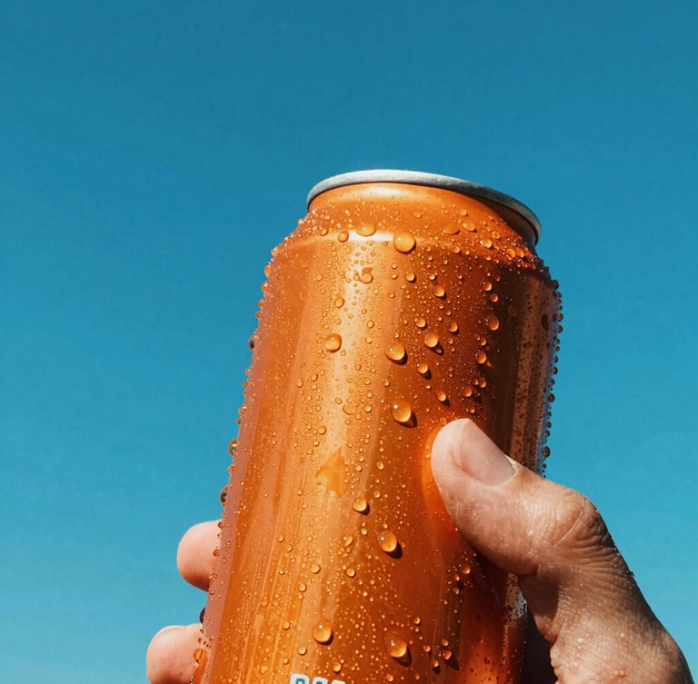 Low-angle heroic close-up of a condensation-dripping orange soda can held by a hand, direct harsh sunlight, sharp shadows, vibrant outdoor background