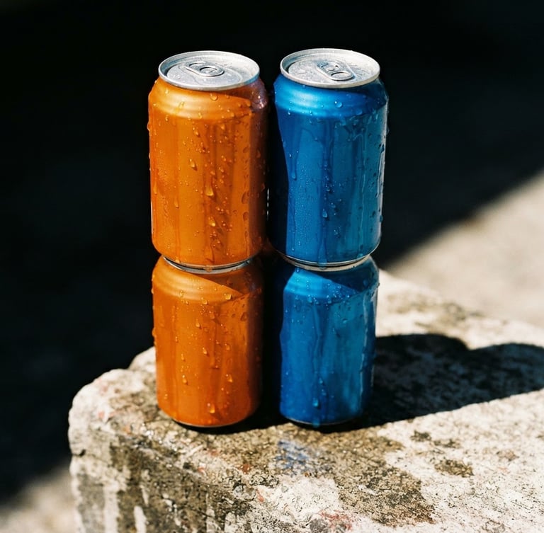 Dynamic close-up of condensation-dripping orange and blue soda cans stacked on a concrete block in direct, harsh afternoon sunlight, casting sharp dramatic shadows.