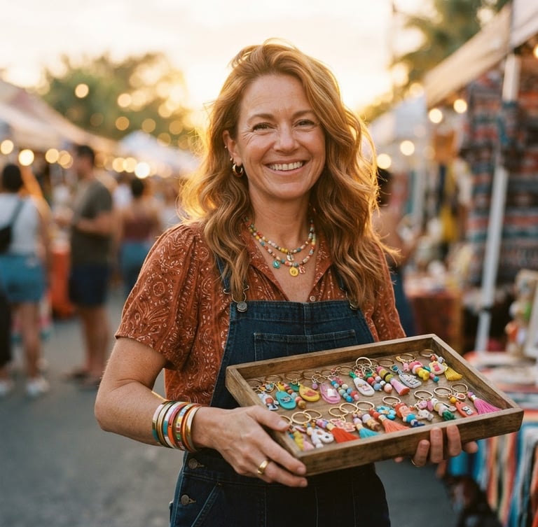 A warm editorial portrait of Jen, a smiling woman with colorful retro accessories, holding a tray of vibrant keychains under soft golden-hour sunlight, 35mm film look.