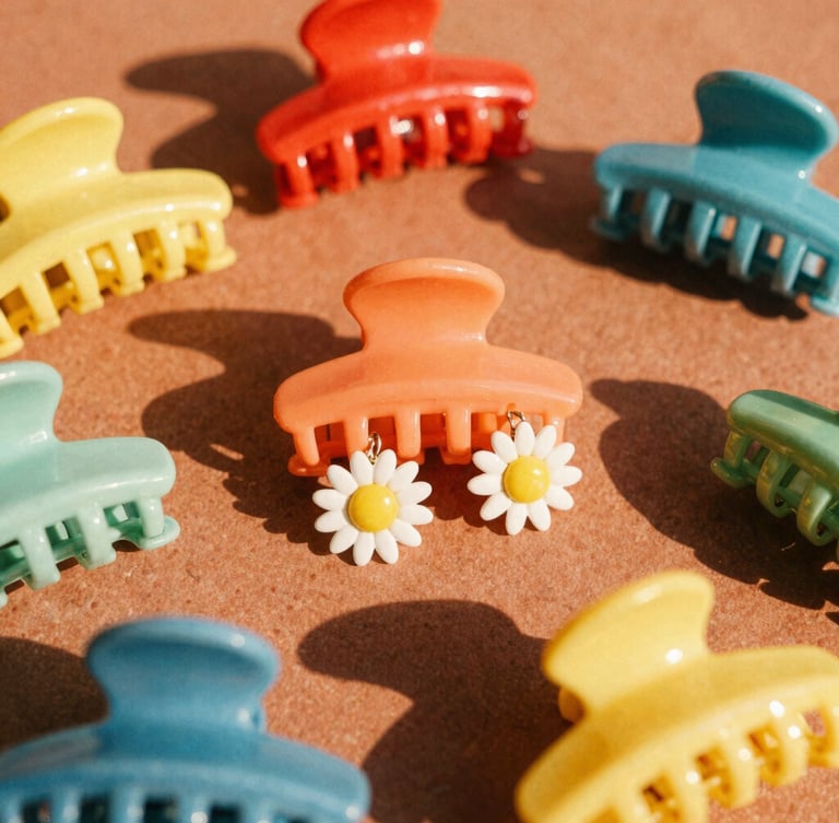 Close-up flat lay of colorful retro hair claws and sun-drenched daisy earrings on a textured terracotta surface, bright natural golden-hour sunlight, 35mm film look.