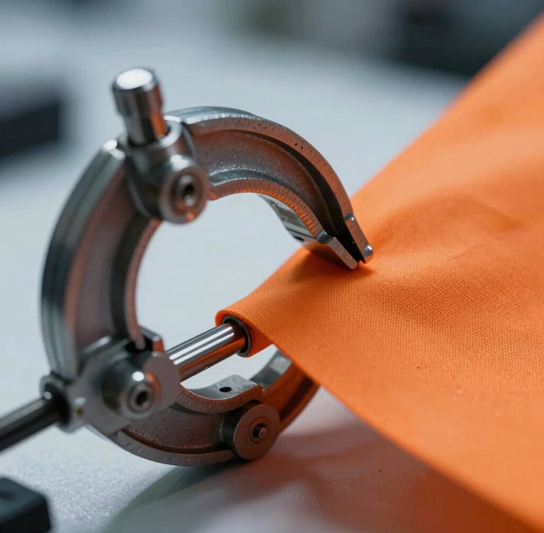 Macro close-up of a high-intensity metal laboratory clamp holding a technical neon orange fabric under extreme tension, sharp shadows, cool white light.
