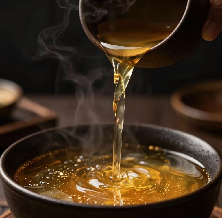 Macro close-up of hands pouring a delicate, steaming golden broth into a dark ceramic bowl, moody food photography, dramatic low-key side lighting, warm golden accents, rich dark tones, shallow depth of field, 50mm lens