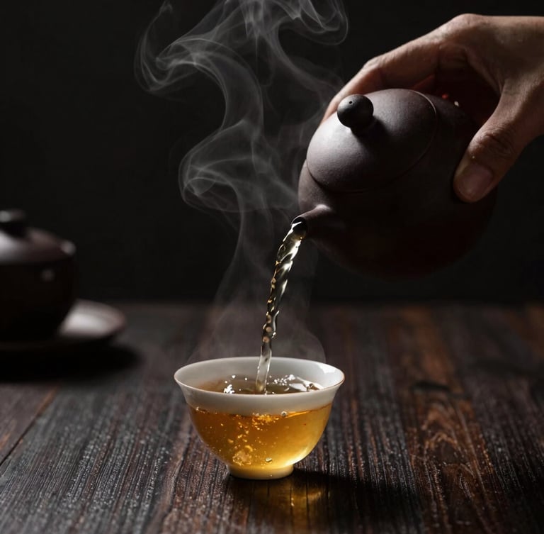 A hand pouring a delicate golden ginger-infused tea from a dark ceramic teapot into a small matching cup, warm steam rising, dramatic low-key side lighting, dark background, 50mm lens
