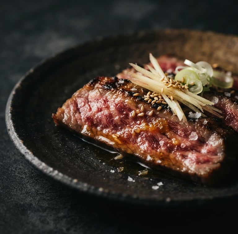 Macro close-up of a perfectly seared wagyu tataki with thin ginger-infused reduction, dramatic side-lighting, dark charcoal background, shallow depth of field, 50mm lens
