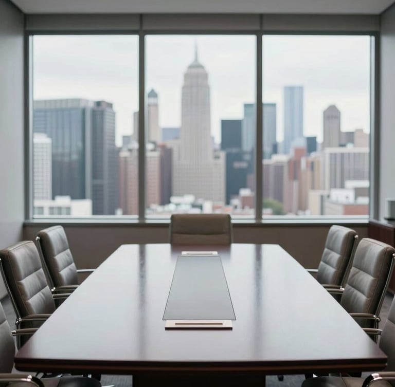 A sophisticated North American corporate boardroom overlooking a city skyline. The interior features a polished dark table, light grey accents, and professional leather seating, captured with a shallow depth of field for an authoritative look.