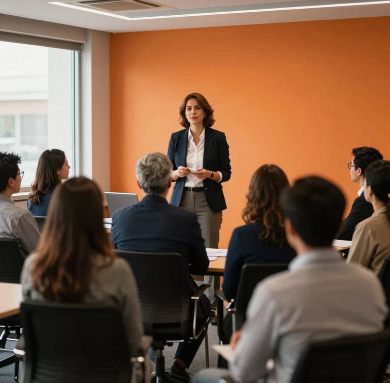Professional workshop facilitator presenting to an engaged corporate group in Querétaro, warm ambient light, modern training room, shallow depth of field.