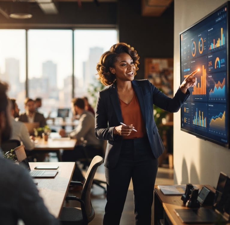 warm corporate editorial photography, natural office window light, deep shadows with vibrant orange accents, shallow depth of field. A dynamic workshop facilitator pointing at an interactive digital dashboard with performance analytics.