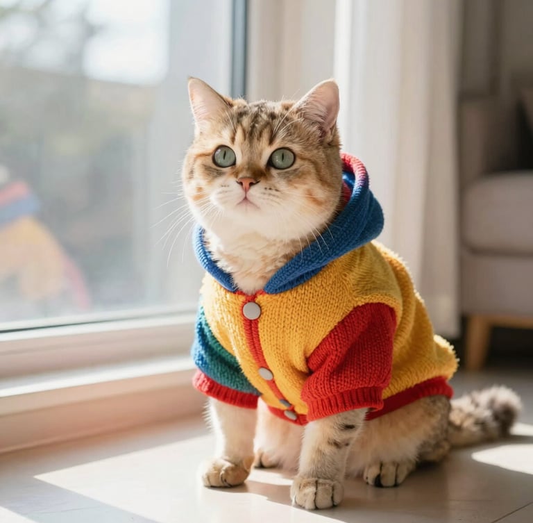 A cozy fluffy cat wearing a colorful knitted warm hoodie, sitting in a sunny living room near a window, bright high-key pet photography, warm natural sunlight, vibrant saturated colors, shallow depth of field, 35mm