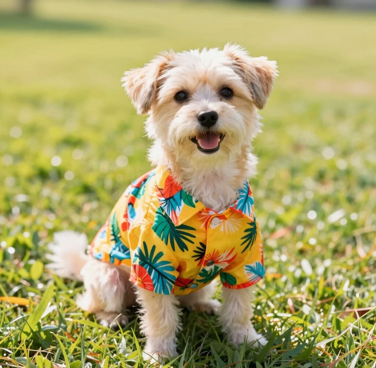 A happy small dog wearing a vibrant tropical-themed summer shirt, sitting on a sunny lawn, bright high-key pet photography, warm natural sunlight, vibrant saturated colors, shallow depth of field, 35mm