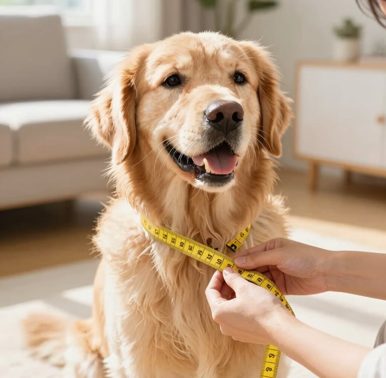 Bright high-key pet photography of a person gently measuring a happy golden retriever with a soft yellow measuring tape in a sunny living room, close-up on hands and fabric, warm natural sunlight, 35mm