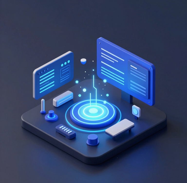 Sleek isometric 3D render of data flows and digital interfaces, cool studio lighting with electric blue neon highlights