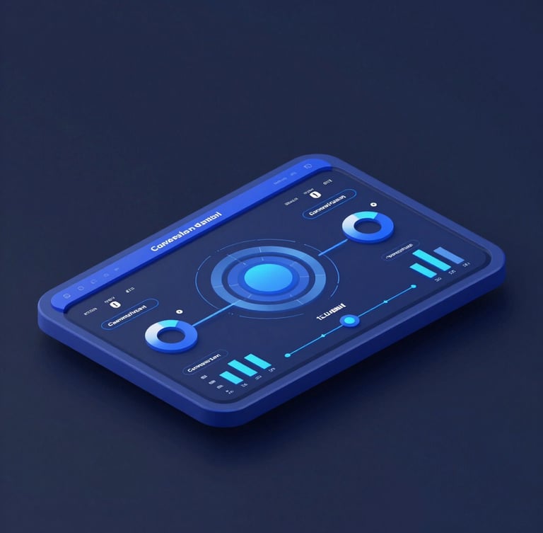 Sleek 3D render of a digital dashboard interface, clean isometric perspective, showing conversion metrics and data flows, electric blue and dark slate tones, cool studio lighting
