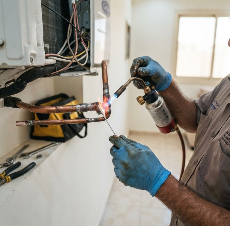 Close-up of hands repairing copper AC pipes with technical tools in a bright Riyadh home setting, crisp commercial photography, 35mm lens