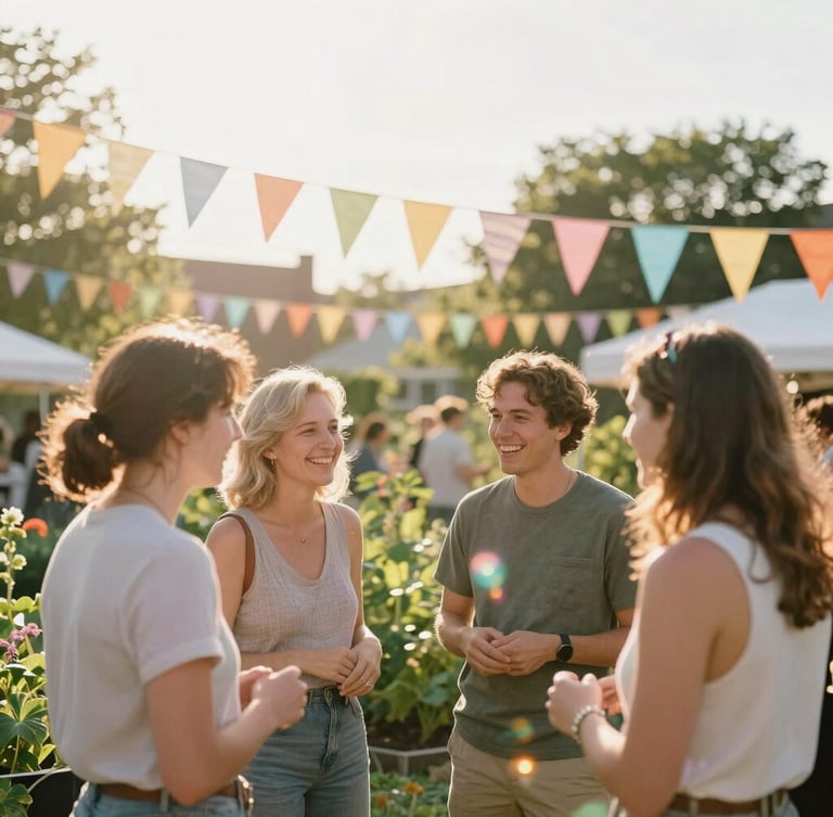 Bright editorial photography of a sun-drenched Chicago community garden during a summer festival, colorful bunting overhead, smiling neighbors laughing together, warm golden-hour light with soft prismatic lens flares.