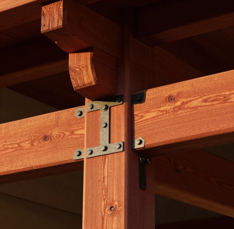 Close-up architectural shot of interlocking redwood joinery, clean black iron hardware, warm golden-hour California light highlighting natural wood grain, 35mm.