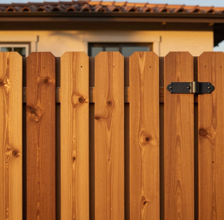 Low-angle architectural shot of a finished custom redwood fence framing a Temecula-style home, warm golden-hour California sunlight, rich golden-brown wood tones, charcoal hardware accents, 35mm
