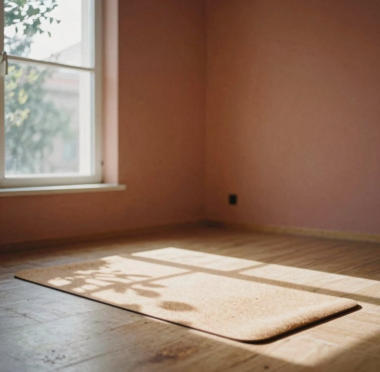 A minimalist, sunlit movement studio in Istanbul with warm terracotta walls, a single cork yoga mat on the wooden floor, soft morning light streaming through a large window, shadows of leaves, 35mm film texture.