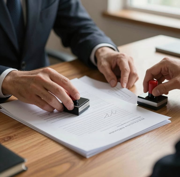 Close-up of hands carefully organizing official documents with dry stamps and signatures on a warm wooden desk, soft natural daylight coming from a side window