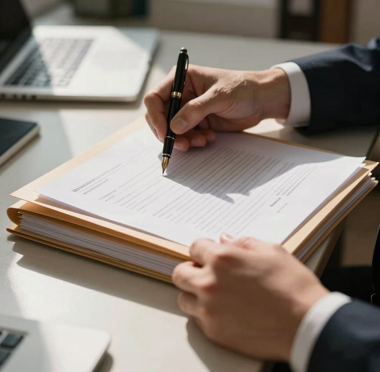 Close-up of hands in a sunlit Madrid office organizing official documents, beige folders, and a classic fountain pen, natural soft lighting, warm shadows.